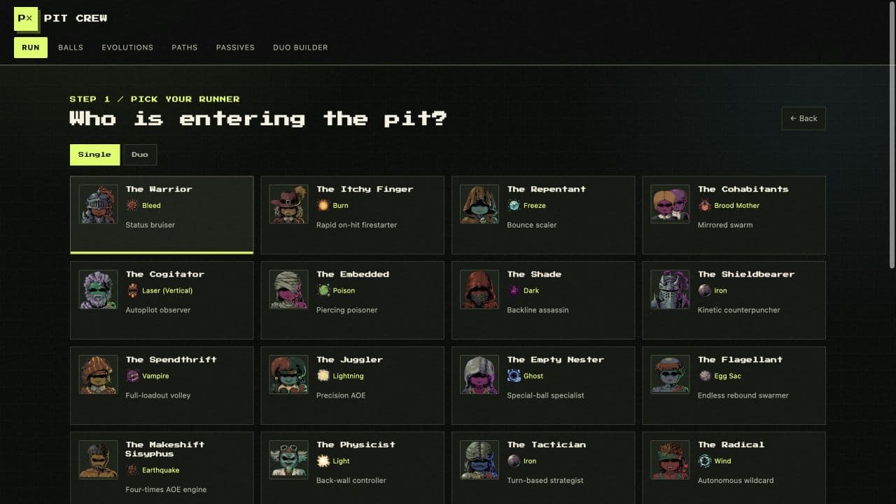 Pit Crew runner selection screen with character traits and starting balls